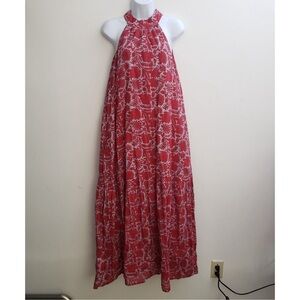 Cleobella Halter Maxi Dress MED Red Pink Floral Sleeveless Pockets Lined Summer